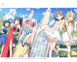  5girls :d absurdres azuki_azusa black_gloves black_hair blonde_hair blue_dress blue_eyes blue_ribbon blush bow breasts cleavage cloud cloudy_sky crossed_arms day dress emanuella_porlallora gloves green_eyes grey_hair hair_between_eyes hair_ornament hair_ribbon hair_scrunchie hairbow hand_on_own_hip hentai_ouji_to_warawanai_neko. highres kantoku leg_up long_hair looking_at_viewer maimaki_mai medium_breasts multiple_girls one_side_up open_mouth orange_eyes outdoors pink_hair red_dress red_eyes ribbon scrunchie shoes short_dress short_hair sitting skirt_hold sky sleeveless sleeveless_dress small_breasts smile striped striped_ribbon thigh_strap tsutsukakushi_tsukiko tsutsukakushi_tsukushi twintails very_long_hair white_bow white_dress white_footwear 