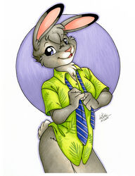  2016 aloha_shirt anthro biped bottomless breasts clothed clothing cosplay disney dress_shirt fan_character female fur grey_body grey_fur hair lagomorph leporid looking_at_viewer low_res mammal michele_light necktie pattern_clothing pattern_shirt pattern_topwear pink_nose print purple_eyes rabbit shirt signature simple_background smile solo standing topwear traditional_media_(artwork) zootopia 