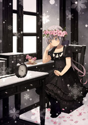  alarm_clock black_bow black_dress blush book bow clock closed_mouth commentary_request cup dress expressionless female flower grey_eyes grey_hair hairbow head_rest head_wreath long_hair original ponytail puffy_short_sleeves puffy_sleeves rug saucer short_sleeves sitting snow snowflakes snowing solo teacup tozaki_makoto very_long_hair window wooden_floor 