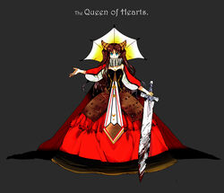  alice_in_wonderland blood blood_on_weapon commentary_request cosplay crimo dress fate/stay_night fate_(series) female gown horns long_hair photoshop_(medium) queen_of_hearts_(alice_in_wonderland) queen_of_hearts_(alice_in_wonderland)_(cosplay) red_dress solo supportasse sword tohsaka_rin two_side_up weapon 