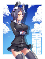  breasts character_name checkered_necktie commentary_request crossed_arms eyepatch female fingerless_gloves gloves headgear highres hitec kantai_collection large_breasts looking_at_viewer necktie purple_hair short_hair solo tenryuu_(kancolle) thighhighs translated yellow_eyes 