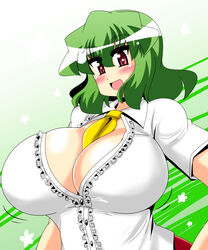  akasode_(tyaramu) between_breasts breasts cleavage commentary_request female green_hair highres huge_breasts kazami_yuuka looking_at_viewer necktie necktie_between_breasts open_clothes open_mouth red_eyes short_hair skirt smile solo touhou 