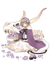  bone branch brown_hair cape chains commentary_request cuffs elbow_gloves female flower fur_trim gloves hair_flower hair_ornament hairband holding original pink_eyes purple_cape purple_footwear shackles shirt shoes simple_background sitting skeleton skirt solo tozaki_makoto unworn_shoes white_background white_gloves white_shirt white_skirt 