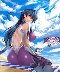  &gt;_&lt; 3girls ass ball beach black_hair blanket blue_hair blush blush_stickers bodysuit breasts closed_eyes cloud commentary_request covered_nipples covering_breasts covering_privates day fishnets from_behind fuuma_tokiko green_eyes high_heels highres huge_breasts igawa_asagi kagami_hirotaka large_breasts lilim_(taimanin_asagi_kessen_arena) lips long_hair looking_at_viewer looking_back multiple_girls orange_hair outdoors purple_bodysuit purple_hair sand sitting skin_tight sky smile sunlight swimsuit taimanin_(series) taimanin_asagi unworn_bikini_top wings yatsu yukihime_(mofumofu2225) 