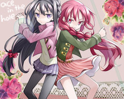  2girls akemi_homura alternate_costume alternate_hairstyle black_hair commentary_request hairband long_hair magical_girl mahou_shoujo_madoka_magica mahou_shoujo_madoka_magica_online moexxmoe multiple_girls pantyhose photoshop_(medium) purple_eyes red_eyes red_hair sakura_kyoko smile 