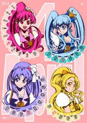  4girls aino_megumi april bad_id bad_pixiv_id blonde_hair blue_bow blue_eyes blue_hair bow bowtie brooch calendar_(medium) crown crown_bow cure_fortune cure_honey cure_lovely cure_princess gold_crown hair_ornament hairbow happinesscharge_precure! heart heart_brooch heart_hair_ornament high_ponytail hikawa_iona jewelry long_hair magical_girl mini_crown multiple_girls oomori_yuuko orange_eyes photoshop_(medium) pink_background pink_bow pink_eyes pink_hair pointed_crown ponytail precure puffy_sleeves purple_eyes purple_hair shirayuki_hime sidelocks smile supe_(yuusyasupepen) twintails wide_ponytail 