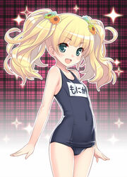  :d a-pose amano_yuu bare_arms bare_shoulders blonde_hair blush commentary_request covered_navel cowboy_shot female flower green_eyes hair_flower hair_ornament long_hair looking_at_viewer monika_weisswind name_tag old_school_swimsuit one-piece_swimsuit open_mouth outline plaid plaid_background princess_connect! school_swimsuit smile solo sparkle standing swimsuit twintails v-shaped_eyebrows 