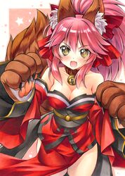  :d acrylic_paint_(medium) animal_ears animal_hands bare_shoulders bell blush bow breasts claws cleavage collar commentary_request detached_sleeves fate/extra fate/grand_order fate_(series) female fox_ears fox_tail gloves hair_ribbon hairbow japanese_clothes jingle_bell kimono large_breasts marker_(medium) millipen_(medium) neck_bell obi oerba_yun_fang open_mouth painting_(medium) paw_gloves pink_hair ponytail ribbon sash smile solo tail tamamo_(fate) tamamo_cat_(fate) tamamo_cat_(first_ascension)_(fate) traditional_media v-shaped_eyebrows yellow_eyes yuto_takumi 