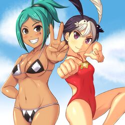  2girls animal animal_on_head aqua_hair aqua_lips back-to-back bikini bird bird_on_head black_hair blush breasts cerebella_(skullgirls) cleavage_cutout clothing_cutout commentary_request dark-skinned_female dark_skin day eyeshadow feng_(skullgirls) fighting_stance groin hand_on_own_hip highres jouzou large_breasts lipstick looking_at_viewer makeup multicolored_hair multiple_girls navel on_head one-piece_swimsuit purple_eyes red_one-piece_swimsuit short_ponytail skullgirls small_breasts standing standing_on_one_leg strap_gap swimsuit two-tone_hair underboob v white_hair 