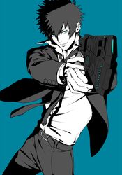  1boy aqua_theme black_hair blue_eyes blue_theme commentary_request dominator_(gun) formal greyscale_with_colored_background gun high_contrast komiya_kuniharu kougami_shin&#039;ya male_focus monochrome necktie psycho-pass smile solo spot_color suit weapon 