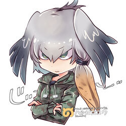  alternate_costume bird_wings black_hair camouflage camouflage_hoodie character_name chibi closed_mouth commentary_request crossed_arms female green_eyes grey_hair hair_between_eyes head_wings hood hood_down hoodie japari_symbol kemono_friends long_hair looking_afar meguri_uguisu multicolored_hair orange_hair ringed_eyes shoebill_(kemono_friends) sidelocks simple_background solo sound_effects upper_body v-shaped_eyebrows white_background wings 