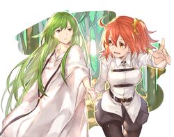  1other :d ahoge androgynous belt belt_buckle black_belt black_pantyhose blue_eyes breasts buckle chaldea_uniform collared_shirt commentary_request enkidu_(fate) fate/grand_order fate_(series) female fujimaru_ritsuka_(female) green_hair grey_skirt hair_between_eyes hair_ornament hair_scrunchie holding_hands long_hair long_sleeves looking_at_another medium_breasts miniskirt mirei_kh13 one_side_up open_mouth orange_eyes orange_hair outline pantyhose pleated_skirt robe scrunchie shirt short_hair skirt smile straight_hair teeth tongue tree very_long_hair white_shirt yellow_scrunchie 