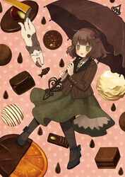  :d animal black_footwear black_legwear blazer blunt_bangs blush bolo_tie bow brown_cat brown_hair brown_shirt brown_umbrella chocolate chocolate_covered commentary_request feline female food fruit green_eyes green_skirt hairband holding holding_umbrella jacket open_mouth orange_(fruit) orange_slice orangette original over-kneehighs oversized_object pink_background polka_dot polka_dot_background shirt shoes skirt smile striped_bow striped_clothes striped_shirt thighhighs tozaki_makoto umbrella white_cat white_shirt 