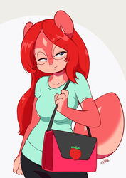  anthro blue_eyes bottomwear breasts chalo clothed clothing eyewear facial_markings female fur glasses hair head_markings jam_(miu) long_hair looking_at_viewer mammal markings pants pink_body pink_fur red_body red_fur red_hair rodent sciurid shirt shoulder_bag smile solo topwear tree_squirrel 