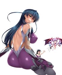  3girls ^_^ ass bare_legs bare_shoulders bat_wings beach bikini blue_hair bodysuit breasts bridal_gauntlets chibi cloud demon_girl female flying fuuma_tokiko happy huge_breasts igawa_asagi kagami_hirotaka legs lilim_(taimanin_asagi_battle_arena) lilith-soft long_hair looking_at_viewer looking_back multiple_girls open_mouth partially_visible_vulva sea sitting sky smile succubus swimsuit tail taimanin_asagi taimanin_asagi_battle_arena thong twintails very_long_hair wings 