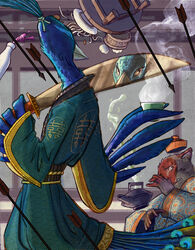  ailurid alcohol anthro arrow_(weapon) avian beak beverage bird chris_goodwin clothed clothing dumplings duo feathered_wings feathers food galliform looking_at_viewer male mammal melee_weapon noodles peafowl phasianid ranged_weapon red_panda reflection sword weapon wine winged_arms wings 