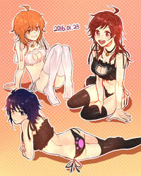  3girls ahoge aoi_kyosuke bad_id bad_pixiv_id bell black_legwear blue_eyes blue_hair breasts cat_cutout cat_lingerie cleavage cleavage_cutout clothing_cutout collar dated genderswap_(mtf) gradient_background halftone halftone_background idolmaster idolmaster_side-m large_breasts long_hair medium_breasts meme_attire multiple_girls neck_bell orange_eyes orange_hair patterned_background pengin_de red_eyes red_hair rule_63 taiga_takeru tendo_teru thighhighs white_legwear 