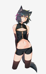  absurdres animal_ears arms_behind_back bare_shoulders bike_shorts black_hair black_shirt black_shorts cat_ears cat_girl cat_tail chestnut_mouth cleavage_cutout clothing_cutout commentary_request contrapposto crop_top deel_(rkeg) elbow_gloves female flat_chest gloves gold_trim head_tilt highres looking_at_viewer midriff navel open_mouth original photoshop_(medium) purple_gloves purple_thighhighs ramn shirt short_hair short_shorts shorts sleeveless sleeveless_shirt solo stomach tail thighhighs yellow_eyes 