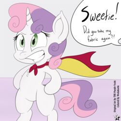  1:1 2015 absurd_res anthro cape clothing english_text equid equine female friendship_is_magic fur green_eyes grin hair hasbro hi_res horn mammal my_little_pony mythological_creature mythological_equine mythology purple_hair purple_yoshi_draws smile solo sweetie_belle_(mlp) teeth text unicorn white_body white_fur wodahseht 