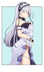  alp anastasia_(fate) arm_garter ass bare_shoulders blue_eyes blush bracelet commentary_request cosplay dress euryale_(fate) euryale_(fate)_(cosplay) fate/grand_order fate_(series) female grey_hair hairband hand_on_own_chest jewelry jpeg_artifacts lolita_hairband long_hair looking_at_viewer no_panties open_mouth simple_background solo standing strapless strapless_dress white_dress 