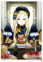  abigail_williams_(fate) absurdres black_bow black_dress black_hat blonde_hair blue_eyes blush bow cake cake_slice chair cheesecake day dress fate/grand_order fate_(series) female food forehead fork fruit hairbow hands_up hat highres holding holding_fork holding_knife indoors knife long_hair long_sleeves mini_hat multiple_hair_bows on_chair orange_bow pancake pancake_stack parted_bangs parted_lips polka_dot polka_dot_bow popuru pov_across_table sitting sleeves_past_fingers sleeves_past_wrists solo sparkle steak strawberry stuffed_animal stuffed_toy sunlight table teddy_bear very_long_hair window 