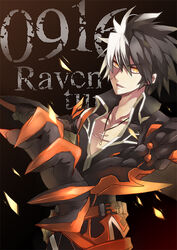  1boy belt black_hair character_name claws commentary_request cross cross_necklace elsword jewelry jinxlin male_focus mechanical_arms multicolored_hair necklace raven_cronwell reckless_fist_(elsword) single_mechanical_arm solo spiked_hair two-tone_hair white_hair yellow_eyes 