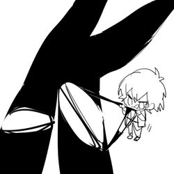  1boy black_legwear chibi close-up diabolik_lovers female kiri_(qoo) komori_yui legs monochrome out_of_frame pantyhose sakamaki_ayato simple_background torn_pantyhose white_background 