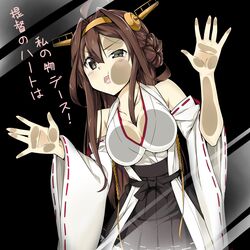  @ichigo against_fourth_wall against_glass ahoge breast_press breasts breasts_on_glass cheek_on_glass cheek_press cleavage commentary drooling female fourth_wall hair_ornament hairband highres kantai_collection kongou_(kancolle) large_breasts long_hair looking_at_viewer nontraditional_miko photoshop_(medium) ribbon-trimmed_sleeves ribbon_trim saliva solo translated uneven_eyes 