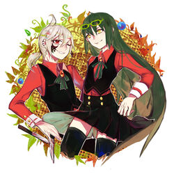  1boy akblood commentary_request female green_hair grin highres knife long_hair neck_ribbon niounomiya_izumu photoshop_(medium) ponytail red_eyes red_shirt ribbon shirt silver_hair skirt smile thighhighs uniform very_long_hair wings yellow_eyes zaregoto_series zerozaki_hitoshiki zettai_ryouiki 