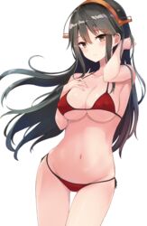  3: ass_visible_through_thighs bikini black_hair blush breasts brown_eyes cleavage closed_mouth collarbone commentary_request cowboy_shot female hair_ornament hairband hairclip halterneck hand_in_own_hair hand_on_own_chest hand_up haruna_(kancolle) highres huuyu_1z kantai_collection large_breasts long_hair navel red_bikini side-tie_bikini_bottom sidelocks simple_background solo stomach swimsuit white_background 