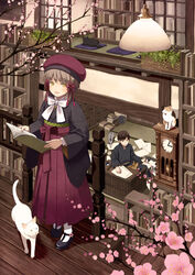  1boy :d black_cat black_footwear blue_eyes blush book bookshelf bow brown_eyes brown_hair cherry_blossoms clock commentary_request desk feline female hair_ornament hakama hakama_skirt hat heterochromia holding holding_book japanese_clothes kimono long_sleeves looking_at_viewer mary_janes open_book open_mouth original pleated_skirt red_eyes red_hat red_skirt shoes short_hair sitting skirt smile standing tozaki_makoto white_bow white_cat wooden_floor yellow_eyes 