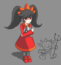  ashley_(warioware) bad_deviantart_id bad_id black_hair dress female hairband highres hugging_doll hugging_object long_hair orange_hairband pantyhose red_(warioware) red_eyes red_seiryu solo_focus stuffed_animal stuffed_toy tiara twintails warioware 