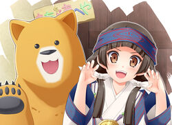  amayadori_machi animal anni_minto bear brown_eyes brown_hair female headband japanese_clothes kumamiko low_twintails natsu_(kumamiko) open_mouth smile twintails 