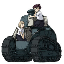  2girls apron arm_support blonde_hair brown_hair commentary_request ft-17 koitsu_tera_auau military military_vehicle motor_vehicle multiple_girls original ponytail puffy_short_sleeves puffy_sleeves short_hair short_sleeves sitting tank white_background 