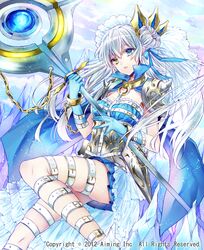  blue_eyes chains commentary_request company_name dated female gloves heterochromia long_hair lord_of_knights noka_(blackheart1118) official_art silver_hair skirt solo staff watermark yellow_eyes 