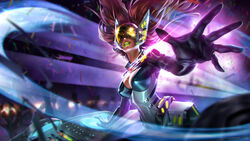  alternate_costume alternate_hair_color bodysuit breasts chris_bjors cleavage cleavage_cutout confetti covered_eyes crowd dj dj_sona green_lipstick helmet league_of_legends lens_flare lipstick makeup smile solo_focus sona_buvelle 