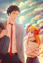  1boy bag belt black_hair blue_bow blue_skirt blush book bow cloud cloudy_sky collared_shirt commentary_request couple cowboy_shot day female formal gekkan_shoujo_nozaki-kun hairbow height_difference highres holding holding_bag holding_book koarai long_hair long_sleeves necktie nozaki_umetarou open_mouth orange_hair pleated_skirt polka_dot polka_dot_bow red_bow red_eyes red_necktie rouman_academy_school_uniform sakura_chiyo school_uniform shirt skirt sky smile standing straight suit white_shirt 