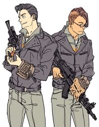  2boys black_hair brown_hair butch_deloria closed_mouth cowboy_shot fallout fallout_3 flat_color glasses gun jacket leather leather_jacket lone_wanderer male_focus multiple_boys original pants simple_background tan_skin weapon white_background y_(artist) 