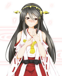  bare_shoulders black_hair blush commentary_request detached_sleeves female hair_ornament hairband hairclip haruna_(kancolle) japanese_clothes jewelry kantai_collection long_hair looking_at_viewer nontraditional_miko photoshop_(medium) ring skirt smile solo tears yuu_(oosakazaijyuu) 