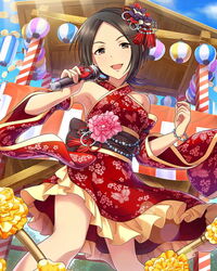  alternate_costume artist_request black_hair bracelet brown_eyes detached_sleeves female flower hair_flower hair_ornament idolmaster idolmaster_cinderella_girls japanese_clothes jewelry microphone official_art short_hair smile solo togo_ai tree 