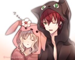  1boy black_shirt blonde_hair blush bunny closed_eyes curly_hair diabolik_lovers fangs feline female flower gradient gradient_background green_eyes ichinose_(sorario) komori_yui one_eye_closed open_hoodie open_mouth petite pink_background pink_shirt red_hair sakamaki_ayato sleeping twitter_username upper_body vampire white_background 