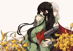  2girls aeolus06 alternate_costume armor artist_name black_hair blunt_bangs closed_eyes commentary_request floating_hair flower from_side fujiwara_no_mokou grey_hair houraisan_kaguya hug lily_(flower) long_hair multiple_girls profile serious touhou very_long_hair 