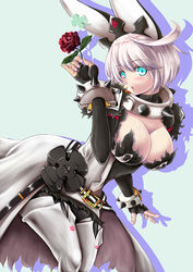  ahoge aqua_eyes arc_system_works blush breasts cleavage clover dress elphelt_valentine female fingerless_gloves four-leaf_clover gloves guilty_gear guilty_gear_xrd guilty_gear_xrd:_revelator large_breasts looking_at_viewre open_mouth red_rose shiny shiny_clothes shiny_hair shiny_skin short_hair silver_hair solo spiked_collar spikes thigh_boots yappy 