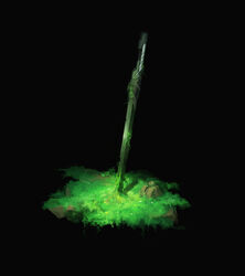  black_background chipped_sword commentary_request crack flower grass highres moss ogata_tomio original photoshop_(medium) plant planted planted_sword rock simple_background sword vines weapon white_flower yellow_flower 