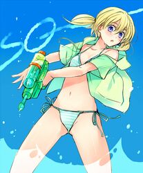  bad_id bad_pixiv_id bikini blonde_hair blue_eyes female frederica_irving navel open_clothes open_shirt sekaiju_no_meikyuu shin_sekaiju_no_meikyuu shirt short_hair side-tie_bikini_bottom solo swimsuit tubameraamen water_gun 