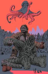  3boys ape berry_juice bill_couture crossover dinosaur drunk farou_island_native forest fur giant_monster giant_octopus_(godzilla) godzilla godzilla_(series) gorilla kaijuu king_kong king_kong_(series) monster multiple_boys nature octopus oodako tail tentacle toho_(film_company) trees 