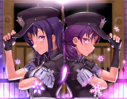  2girls alternate_hairstyle back-to-back believe_again breasts commentary_request feathers fingerless_gloves gloves hair_down hat jyon kazuno_leah kazuno_sarah long_hair love_live! love_live!_sunshine!! love_live!_sunshine!!_the_school_idol_movie_over_the_rainbow low_twintails medium_breasts multiple_girls pink_eyes purple_hair saint_snow short_sleeves siblings sidelocks sisters snowflakes spoilers twintails upper_body 