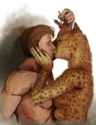  abstract_background anthro breasts brown_hair bruce_(hattonslayden) cheetah claws closed_eyes duo felid feline female fur hair hattonslayden hi_res holding_object holly_(plant) human human_on_anthro interspecies kissing kota_(hattonslayden) male male/female mammal multi_breast nude plant romantic romantic_couple side_view simple_background spots tender whiskers yellow_body yellow_fur 