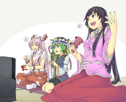  3girls :d ahoge asymmetrical_hair black_hair blouse blue_eyes blush bow commentary_request controller cushion eighth_note fujiwara_no_mokou game_console game_controller green_hair hairbow hands_up hat holding holding_controller holding_game_controller houraisan_kaguya long_hair long_skirt long_sleeves looking_at_another multiple_girls mumyuu musical_note open_mouth pants pink_hair playing_games playstation_3 pointing pointing_at_another red_eyes rod_of_remorse seiza shiki_eiki shirt sitting skirt smile socks sparkle spoken_musical_note spoken_sweatdrop suspenders sweatdrop teeth torn_clothes torn_sleeves touhou two-handed upper_teeth_only vest wariza wide_sleeves zabuton 