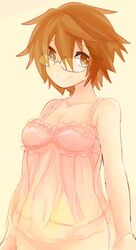  aussa_(yu-gi-oh!) aussa_the_earth_charmer babydoll bad_id bad_pixiv_id brown_eyes brown_hair duel_monster female glasses lingerie looking_at_viewer monako_(motapotan) navel panties pink_panties see-through short_hair smile solo underwear underwear_only yu-gi-oh! yu-gi-oh!_duel_monsters 